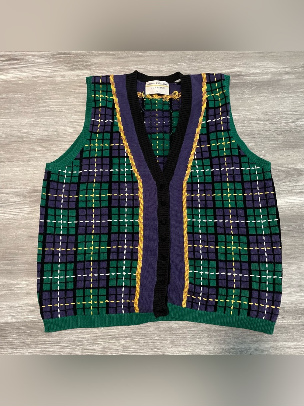 Vintage Marisa Christina Classics 90s Plaid Button Knit Vest Sz L Grandma Preppy